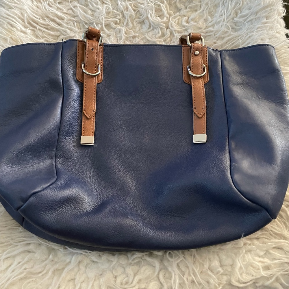 Blue Audrey Brooke leather handbag for sale with brown straps (good condition).
